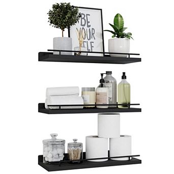 Floating Shelves with Metal Guardrail Set of 3 Wall Mounted Rustic Wood Storage for Bedroom