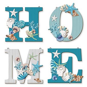 4 Wood Home Sign Beach Wall Decor Starfish Shell Theme Letters Hanging Art Living Room Kitchen