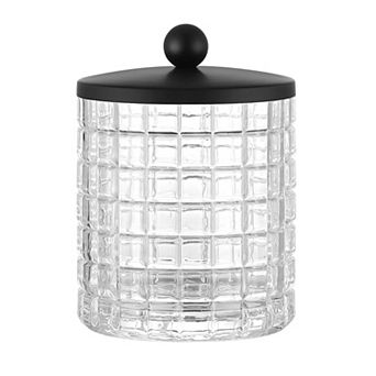 Colored Translucent Etched Geometric Grid Glass Jar with Metal Lid for Bathroom Storage