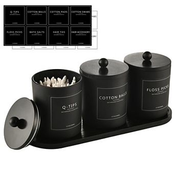 3 Pack Glass Qtip Holder Bathroom Set Cotton Ball Swab Pad Dispenser with Tray Jars