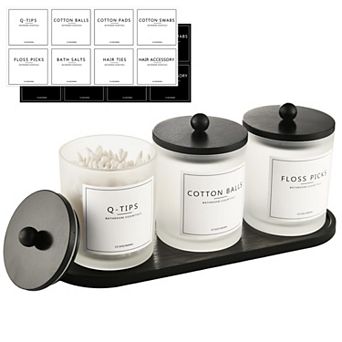 3 Pack Glass Qtip Holder Bathroom Set Cotton Ball Swab Pad Dispenser with Tray Jars