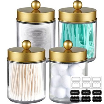 Glass Jars with Metal Lids 4 Pack Bathroom Storage Canisters for Cotton Balls Swabs Pads Bath