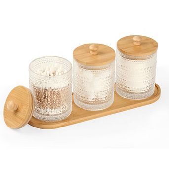 3 Pack Glass Holder Bathroom Organizer Cotton Round Pad Floss Pick Ball Storage Jars with Tray Lids