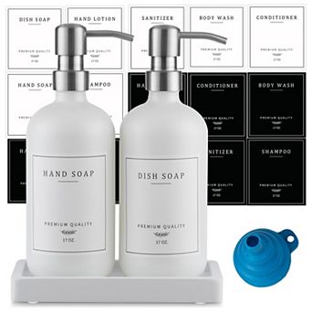 Glass Soap Dispenser Set with Tray Rustproof Pump 14 Stickers Kitchen Bathroom