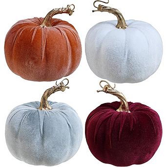 Set of 4 Velvet Artificial Pumpkins with Gold Stems, 5" Fall Decor