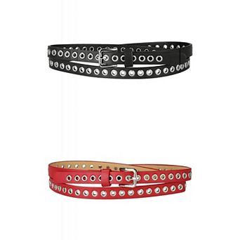 2 Packs Grommet Belt Leather Extra-Skinny Slim Thin Waist Belts for Women Punk Rock Style