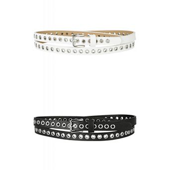 2 Packs Grommet Belt Leather Extra-Skinny Slim Thin Waist Belts for Women Punk Rock Style