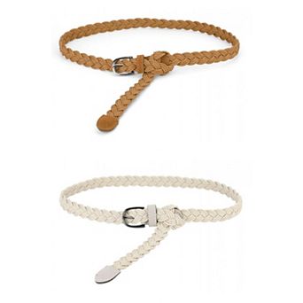2 Packs Adjustable Thin Braided Waistband Rope Faux Leather Belts for Women