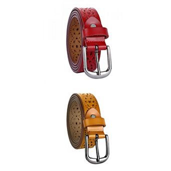 2 Packs Women Carved Multi-hole Hollow Alloy Pin Buckle Leather Belt