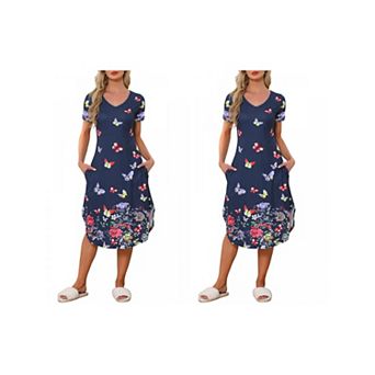 2 Packs Women's V Neck Short Sleeve Long Nightgown Lounge Dress with Pocket