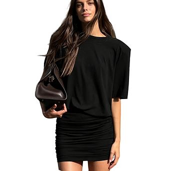 Women's Short Sleeve Bodycon Solid Color Round Neck Fitted Mini Dress