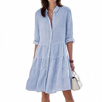 Women's Tiered Midi Casual Button Down Striped Shirt Dress