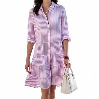 Women's Tiered Midi Casual Button Down Striped Shirt Dress