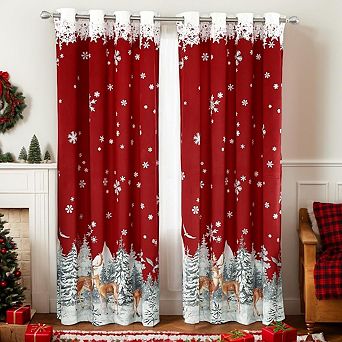 Holiday Reindeer Woodland Window Curtain 2 Panels Christmas Velvet Room Darkening Curtains
