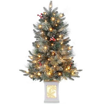 3ft Artificial Christmas Tree, Pre-Lit Snow Flocked Xmas Tree, Mini Christmas Tree