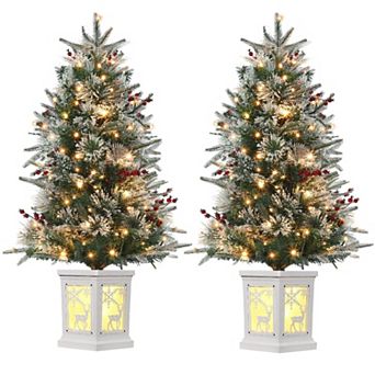 3ft Artificial Christmas Tree, Pre-Lit Snow Flocked Xmas Tree, Mini Christmas Tree, 2 Pack