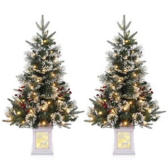 3ft Artificial Christmas Tree, Pre-Lit Snow Flocked Xmas Tree, Mini Christmas Tree, 2 Pack