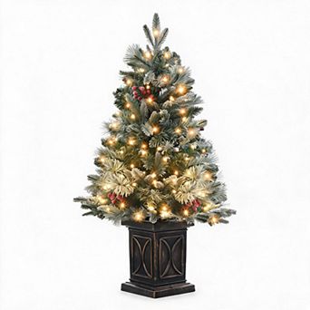 3ft Pre-Lit Christmas Tree, Mini Potted Snow Flocked Tree, Tabletop Artificial Holiday Xmas Tree