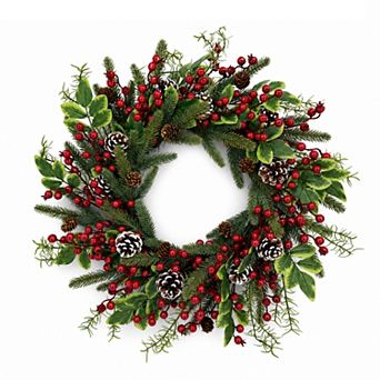 24 Inch Christmas Wreath with Pine Cones and Red Berries, 20 LED with Timer, PVC Door Wreath