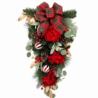 30" Artificial Christmas Teardrop Swag with Bow, Bell, Ball Ornaments, Berries and Pine Cones