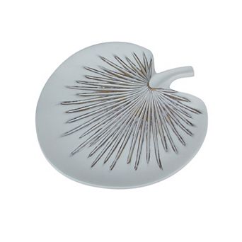 Antiqued White Tropical Fan Palm Leaf Decorative Ceramic Plate