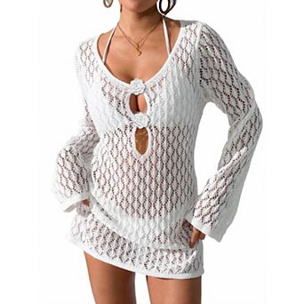 Women's V Neck Long Sleeve Hollow Out Knit Beach Cover Up Dress