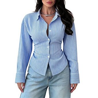 Women Striped Button Down Shirt Long Sleeve V Neck Tie Back Fitted Waist Blouse