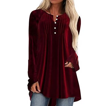 Women V Neck Button Blouse Long Sleeve Pintuck Pleated Loose Evening Top
