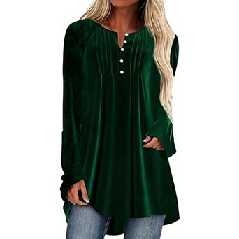 Women V Neck Button Blouse Long Sleeve Pintuck Pleated Loose Evening Top