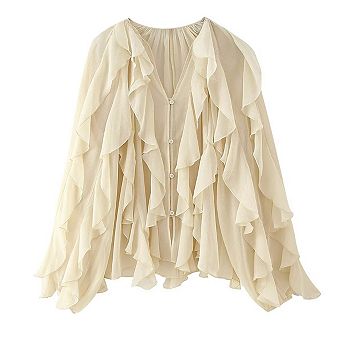 Women V Neck Layered Ruffle Blouse Long Sleeve Pleated Front Elegant Top
