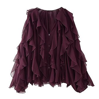 Women V Neck Layered Ruffle Blouse Long Sleeve Pleated Front Elegant Top