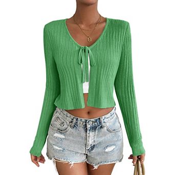 Women's Front-Tie Long-Sleeve Knit Cropped Cardigan