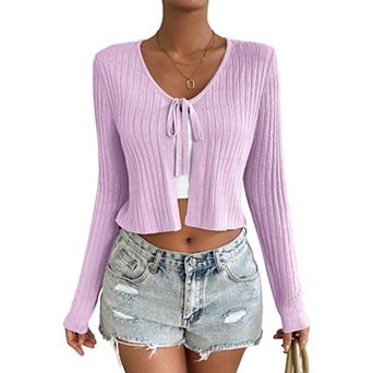 Women's Front-Tie Long-Sleeve Knit Cropped Cardigan