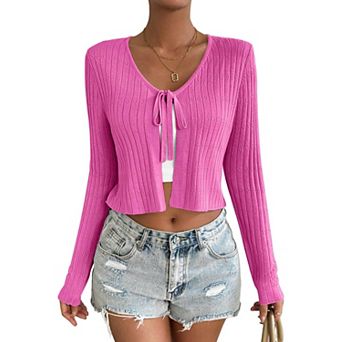 Women's Front-Tie Long-Sleeve Knit Cropped Cardigan