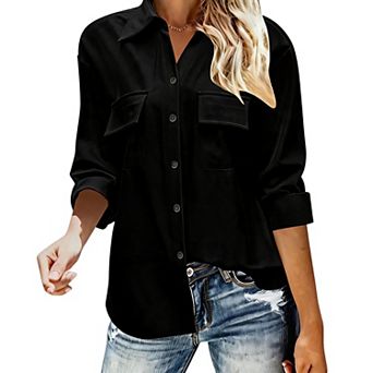 Women Point Collar Button Down Shirt Long Sleeve Dual Chest Pocket Casual Blouse