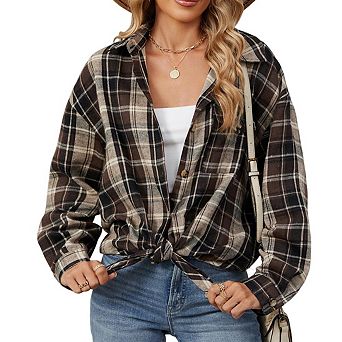 Women Plaid Flannel Button Down Shirt Long Sleeve Oversized Casual Shacket Top