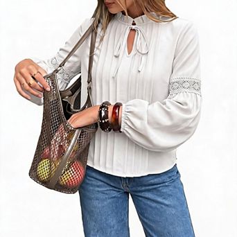 Women Ruffle V Neck Blouse Long Sleeve Pleated Front Openwork Trim Elegant Top