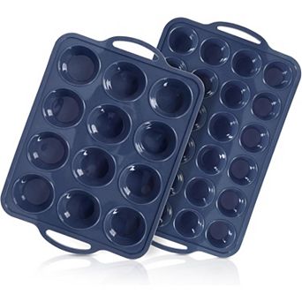 2 Pack Silicone Muffin Pan 12 and 24 cup with Metal Frame,Non Stick Silicone Pan with Handles