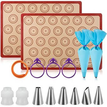 16 pc set Macaron Baking Kit: 2 Non-Stick Silicone Mats, 6 Tips, Piping Bags, Perfect Pastry Set
