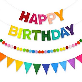 Pre-strung 3D Rainbow Happy Birthday Banner Felt Pom Garland Triangle Bunting Reusable Decorations