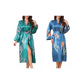 2 Packs Women's Long Satin Robes Midi Silky Robes Long Sleeves Sleepwear Loungewear Silky Bath Robe