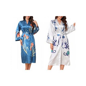 2 Packs Women's Long Satin Robes Midi Silky Robes Long Sleeves Sleepwear Loungewear Silky Bath Robe