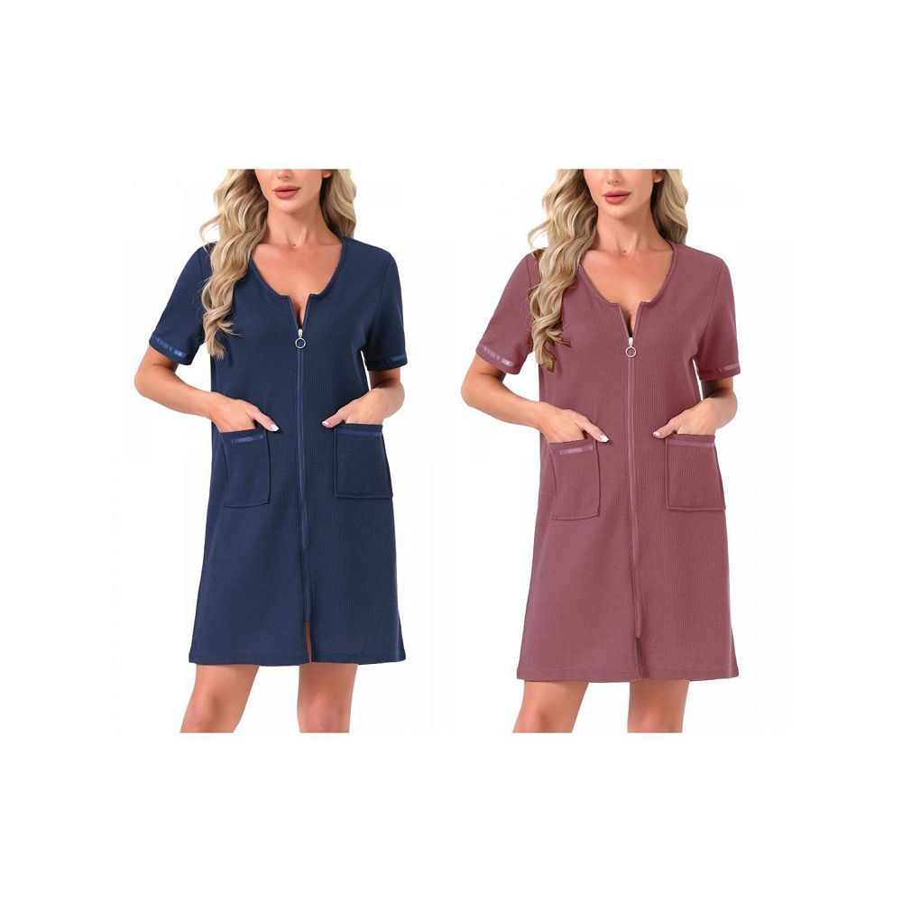 2 Packs Women's Zipper Robe Front Open Knit Short Bathrobe Collarless ...