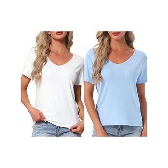 2 Packs Women's T Shirts Short Sleeve Basic Tee Outfits Comfy Shirts V Neck Casual Pajama Tops