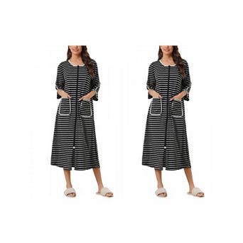 2 Packs Women's Zip Front Robe 3/4 Sleeve Striped Long Bathrobe Dress Pajama