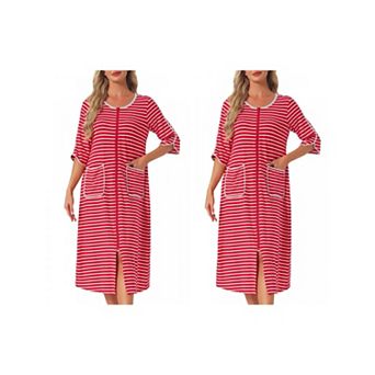 2 Packs Women's Zip Front Robe 3/4 Sleeve Striped Long Bathrobe Dress Pajama