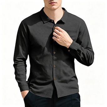 Men's Textured Linen Blend Long Sleeve Button-Down Shirt