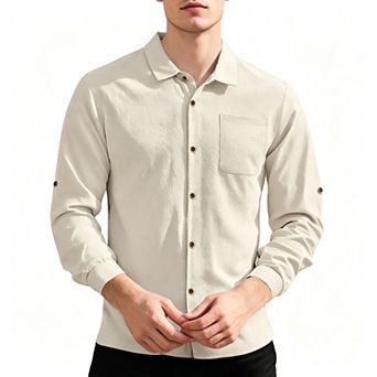 Men's Textured Linen Blend Long Sleeve Button-Down Shirt