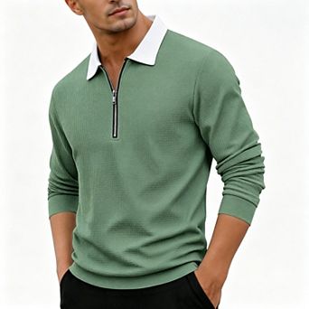 Men's Waffle Knit Long Sleeve Zip-Up Casual Polo Shirt