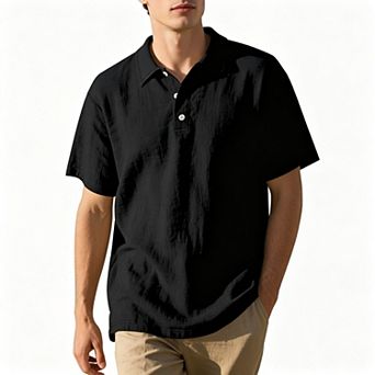 Men's Linen Cotton Polo Short Sleeve Button-Up Shirt